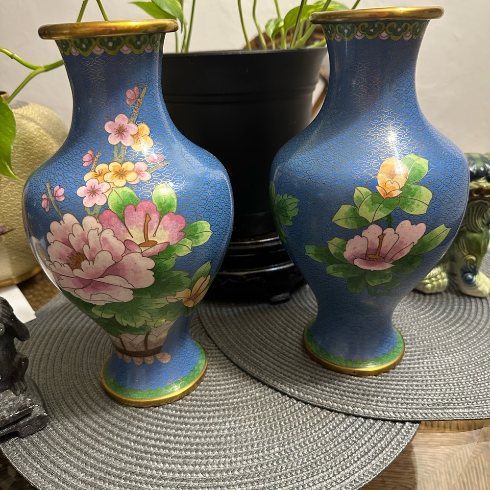 Vintage Cloisonné Enamel & Brass Vase Set of 2